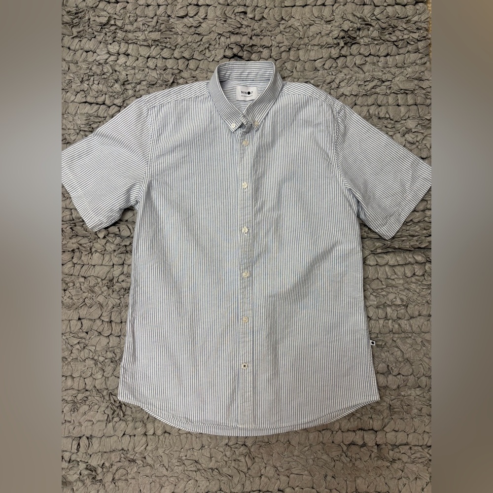 Men's NN.07 (No Nationality) Blue & White Striped Buttondown Short Sleeve Shirt